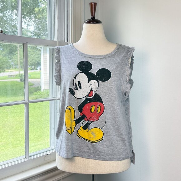Disney Mickey Mouse Gray Tank Top Sleeveless Ruffles Juniors XXL Cotton Blend - Picture 1 of 6